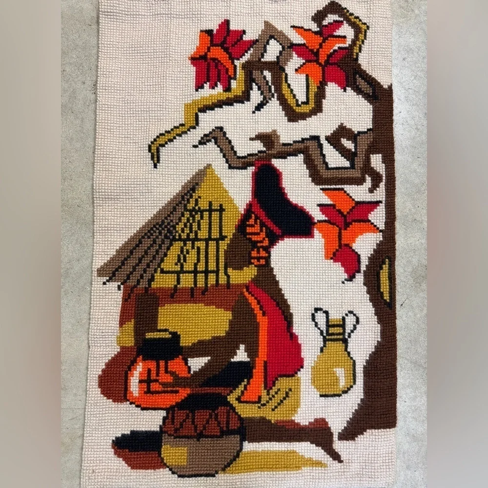 Vintage MCM Handmade Needlepoint Crewel Tapestry African Wall Hanging Art Decor